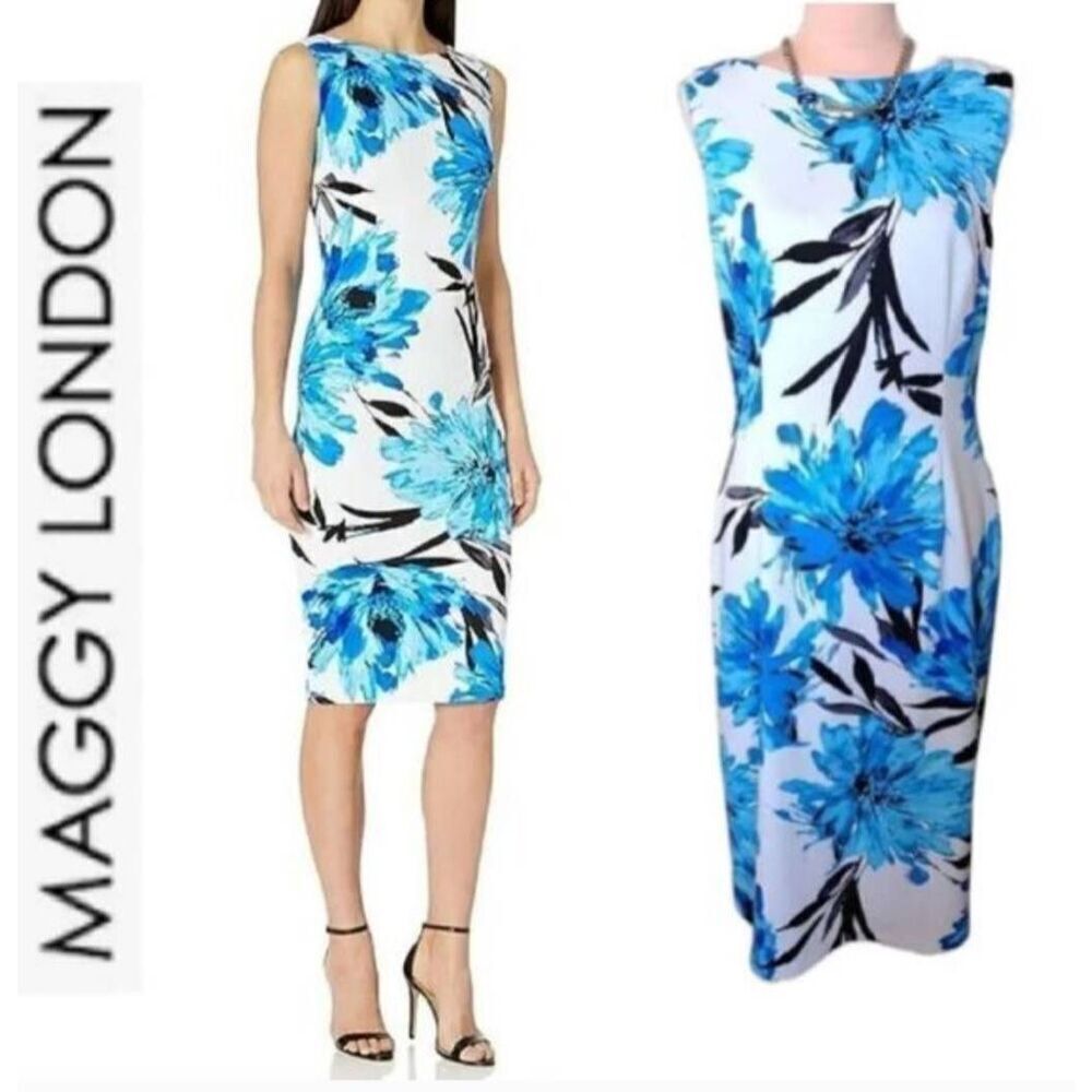 Maggy‎ London White Blue Royal Garden Floral Scuba Sheath Midi Dress SZ 12